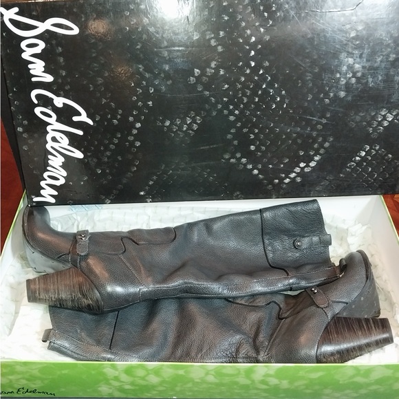 Sam Edelman Naharra Knee High Graphite Leather Heeled Tall Boots Size 8 - Picture 1 of 11